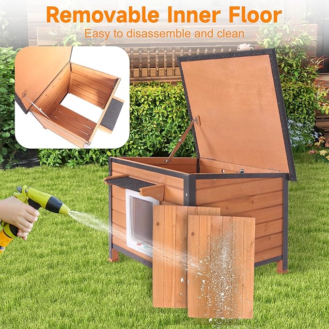 Outdoor Cat House, Feral Cat Houses Waterproof of All-Around Iron Frame, Solid Wooden Cat Shelter with Adjustable Door for Cats, Dogs and Other Small Animals