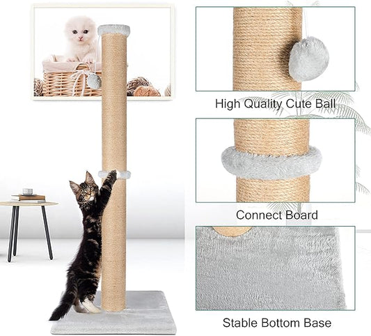 FluffyDream 37'' Cat Scratching Post, Natural Sisal Rope Scratcher with Dangling Teaser Ball and Covered with Soft Plush for Kittens and Adult Cats, Sand Color
