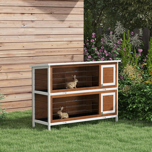 PawHut 54" 2-Story Large Rabbit Hutch Bunny Cage Wooden Pet House Small Animal Habitat with Lockable Doors, No Leak Tray and Waterproof Roof for Rabbits, Chickens, Ducks, Outdoor/Indoor Brown