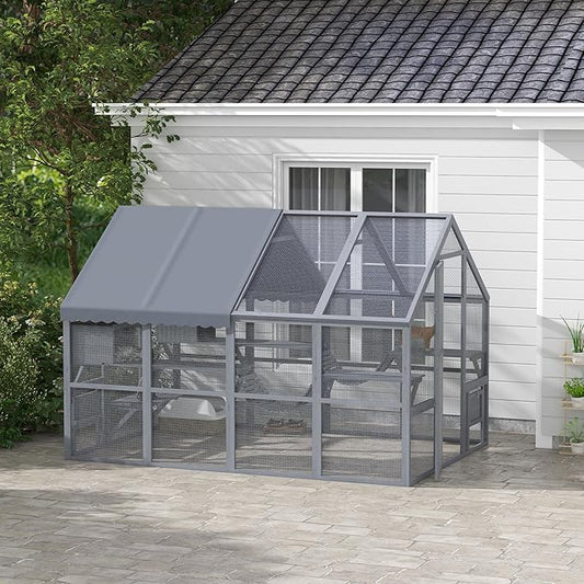 PawHut Large Catio Outdoor Cat Enclosure for Multiple Kittens, Wooden Cat House with Waterproof Cover, Walk in Kitty Cage Kennel with 2 Condos, 6 Platforms, Bridge, Doors, 110" x 73" x 74", Gray