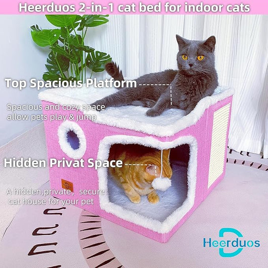 Cat Bed for Indoor Cats,Covered Cat Cave House & Furniture with Scratch Pad,Foldable Cat Hideaway Hut Cute Cat Condo with Soft Washable Mat for Multi Small Pet Under 30 lbs, Pink