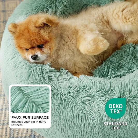 Bedsure Calming Dog Bed for Small Dogs - Donut Washable Small Pet Bed, 23 inches Anti-Slip Round Fluffy Plush Faux Fur Large Cat Bed, Fits up to 25 lbs Pets, Apple Green