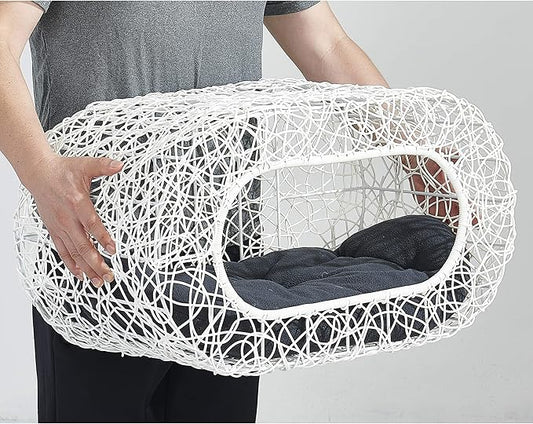 D+GARDEN Fun Stackable White Cat Condo for Indoor Cats - Interactive Play Rattan Modern Cat House for Indoor Cats Kitty, Pet Friendly Top/Side House Entry, Cat Bed Enclosed