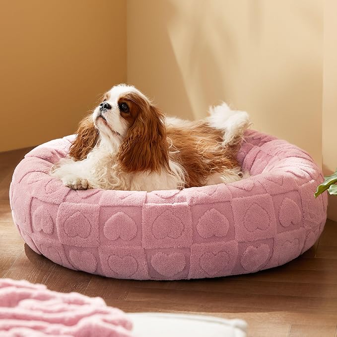 Bedsure Dog Bed for Small Dogs - Donut Pet Bed for Puppy Kitten with Anti Slip Bottom, Round Sherpa Dog Beds with Washable Removable Cover, Pink, 23x23x8 inches