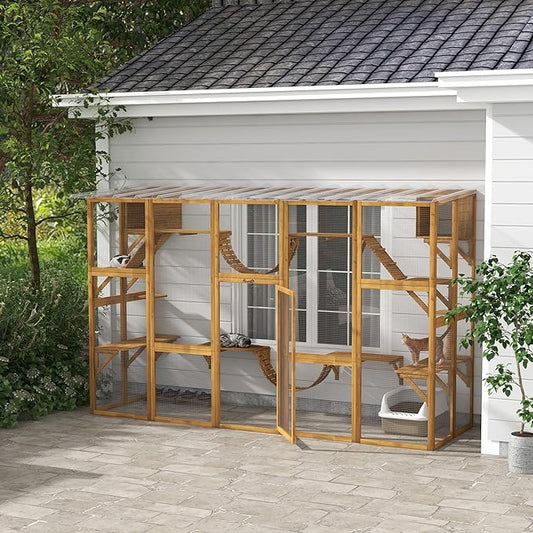 PawHut Catio Outdoor Cat Enclosure Window, Outdoor Cat House with Weather Protection Roof for Multiple Kitties, Wooden Frame, Shelves & Bridges, 118" x 37.5" x 74", Yellow