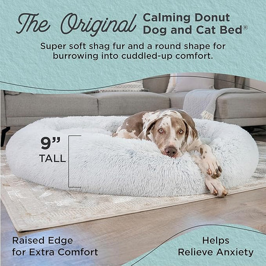 Best Friends by Sheri Original Calming Donut Dog and Cat Bed, Shag Faux Fur, Frost Gray, XXL (54in x 54in) - Anxiety Relief for Pets Up to 210 lbs