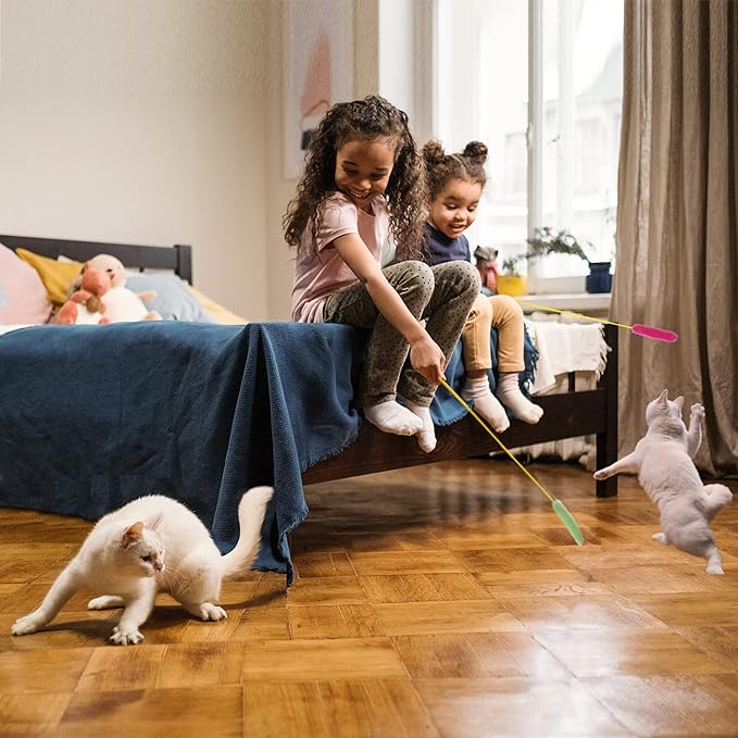 Interactive Cat Toy, A Chicken Catnip Toy and Pink & Green Plush Cat Teaser Wand Toys - Funny, Entertaining, and Stimulating Indoor Cats and Kittens Toys, 3-Piece Set