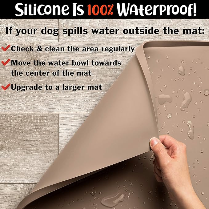 DogBuddy Dog Food Mat – Waterproof Dog Bowl Mat for Food and Water, Silicone Pet Feeding Mats for Floors, Non-Slip Placemat with High Edges for Dogs Bowls, Puppy Essentials (Small: 19"x12", Taupe)