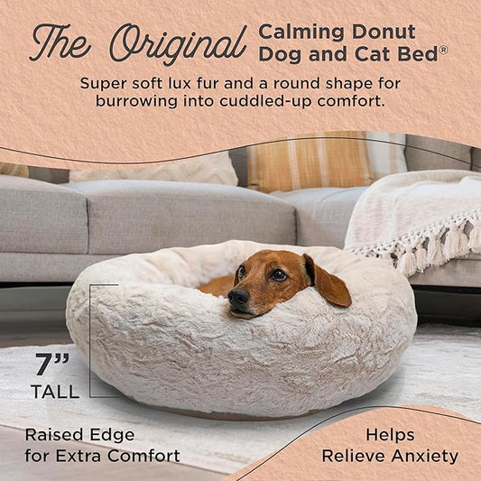 Best Friends by Sheri Original Calming Donut Dog and Cat Bed, Lux Faux Fur, Oyster, (23in x 23in) - Anxiety Relief for Pets Up to 25 lbs