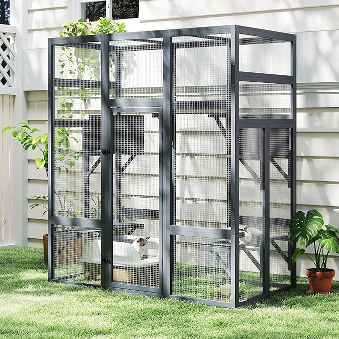 71Inches Large Wood Catio Outdoor Cat Enclosure with Perches and Condos, Cat House Indoor with Waterproof Roof, Cat Shelter 5 Platforms & 2 Resting Box, UV Resistant (Grey)