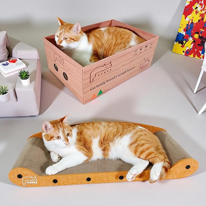 Cat Scratcher Bed 27 Inch Cat Couch Scratcher &16 Inch Cat Scratch Box with Refillable Scratch Pad Cat Scratchers for Indoor Cats Durable Extra Large Cats Lounger Furniture Protector