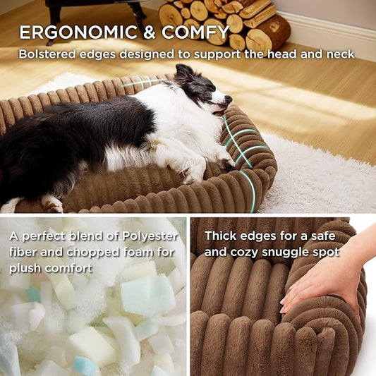 Bedsure Cute Dog Bed for Large Dogs - Washable Furry Puppy Beds, Rectangle Orthopedic Corduroy Fleece Pet Beds with Removable Zipper Cover, 36x27x8inches, Copper Brown