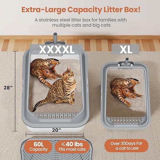 XXXL Stainless Steel Cat Litter Box with Extra Large Litter Box Step,28"X20"X13" Metal Litter Boxs High Sides for Big Cats and Multiple Cats,Includes Litter Scoop & Non-Stick Bottom