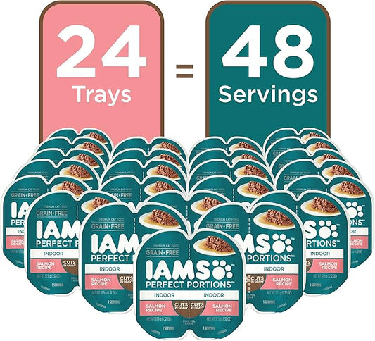 IAMS Perfect Portions Indoor Adult Wet Cat Food Cuts in Gravy, Salmon Recipe, 2.6 oz. Easy Peel Twin-Pack Trays (24 Count, 48 Servings)