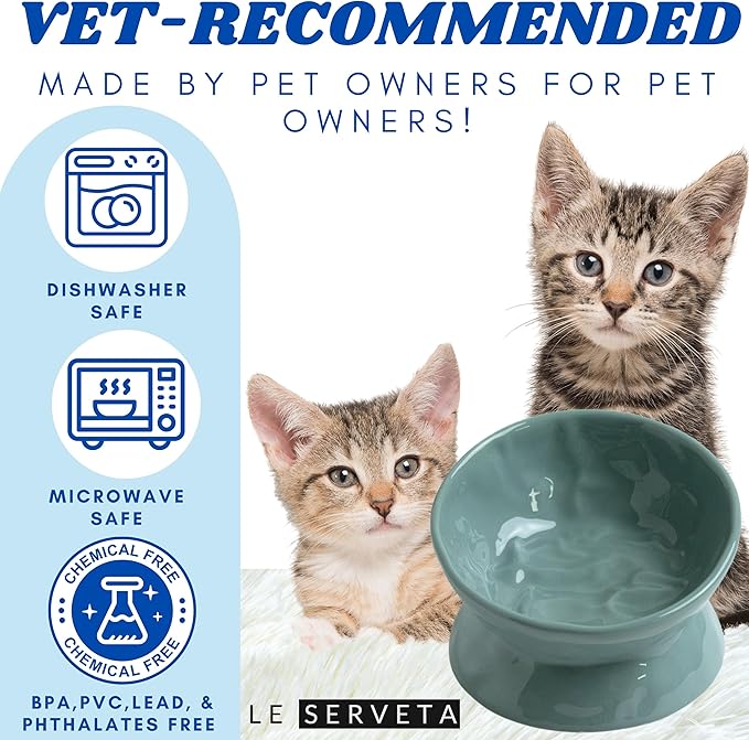 Ceramic Raised Cat Bowl, Elevated Pet Food Bowl for Small Dog, Cute Cat Dish Tilted, Whisker Fatigue, Wrinkle Texture,Teal, Blue (Tilted)
