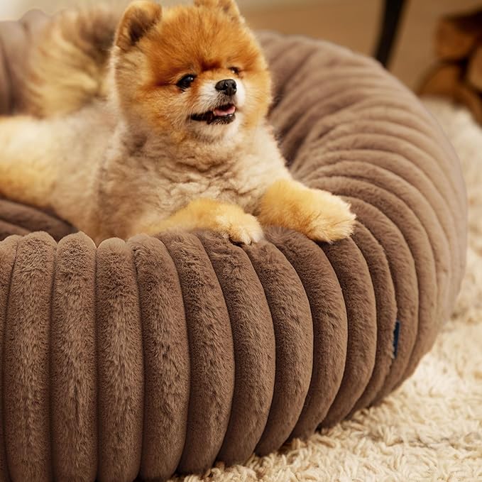 Bedsure Donut Small Dog Bed - Dog Beds for Small Dogs with Corduroy Fleece & Anti Slip Bottom, Round Faux Fur Pet Beds with Washable Removable Cover, Copper Brown, 23x23x7 inches