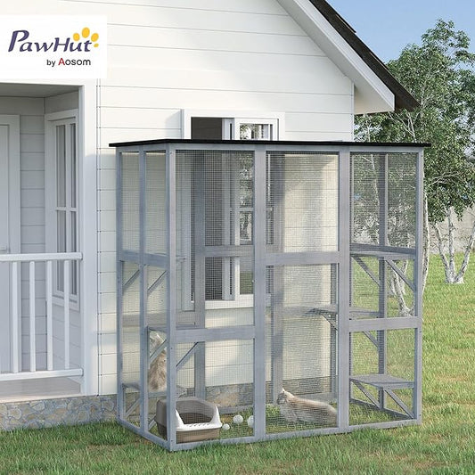 PawHut Outdoor Cat House Big Catio Wooden Feral Cat Shelter Enclosure with Large Spacious Interior, 6 High Ledges, Weather Protection Asphalt Roof, 71" L, Grey