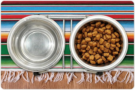 Lunarable Mexican Pet Mat for Food and Water, Colorful Boho Serape Pattern with Horizontal Stripes and Lines Cultures Picture, Non-Slip Rubber Mat for Dogs and Cats, 18" X 12", Green Red