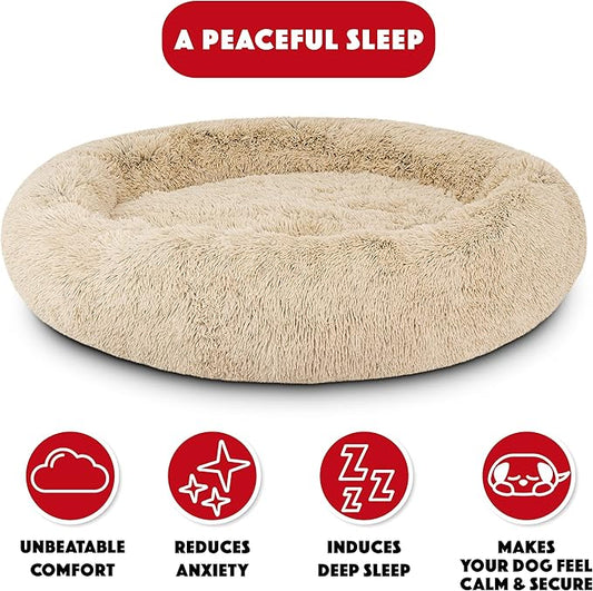 The Dog’s Bed Sound Sleep Donut Dog Bed, XXL Dog Beige Fur Calming Nest Bed Removable Cover, Veterinary Approved