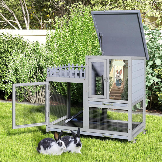 COZIWOW Double Layers Durable 38In Rabbit Hutch Indoor on Wheels, Small Animal Houses Habitat, Rolling Large Bunny Cage Outdoor with Removable Tray, Ramp, Two Story Bunny Cage(Grey with Pattern)