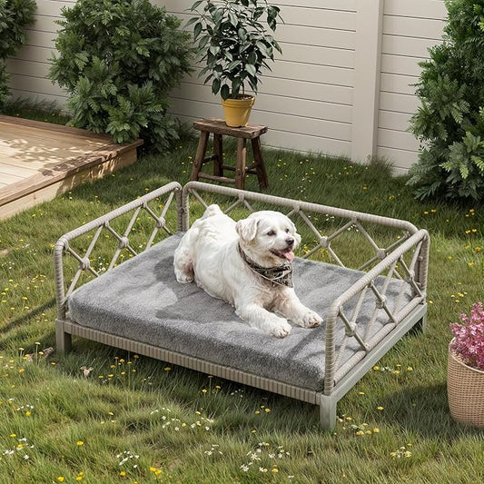 Dog Bed with Cushion, Cooling Elevated Raised Beds with Rattan Breathable Mesh and Universal Mat, Indoor & Outdoor Pet Cots for Small Dog, Grey