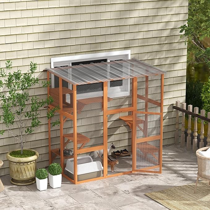 PawHut Catio Outdoor Cat Enclosure Window Box, Wooden Cat House Playground with Scratching Posts, Weather Protection Roof for 1-2 Kitties, Resting Boxes, 68" x 35.5" x 70.5", Orange