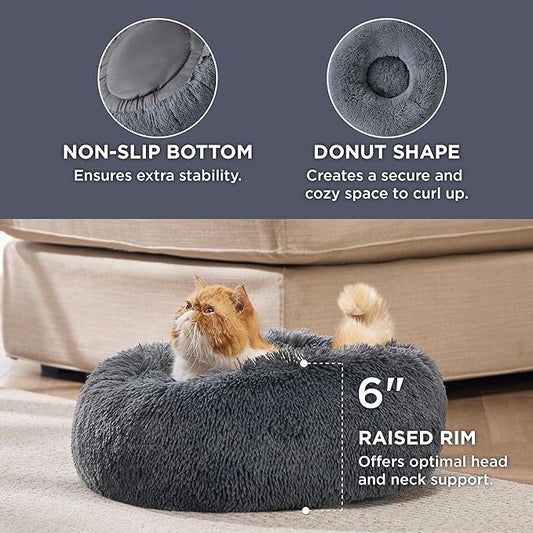 Bedsure Calming Cat Beds for Indoor Cats - Small Cat Bed Washable 20 inches, Anti-Slip Round Fluffy Plush Faux Fur Pet Bed, Fits up to 15 lbs Pets, Dark Grey
