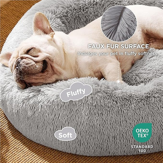 Bedsure Calming Dog Bed for Small Dogs - Donut Washable Small Pet Bed, 23 inches Anti-Slip Round Fluffy Plush Faux Fur Large Cat Bed, Fits up to 25 lbs Pets, Pale Grey