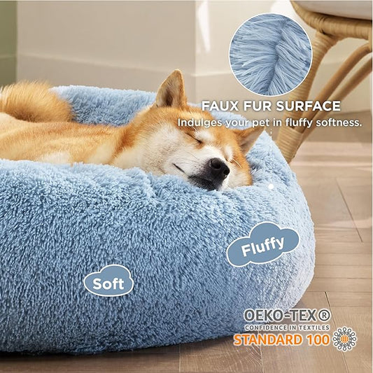 Bedsure Calming Dog Bed for Medium Dogs - Donut Washable Medium Pet Bed, Anti-Slip Round Fluffy Plush Faux Fur Cat Bed, Fits up to 45 lbs Pets, Light Blue, 30 inches