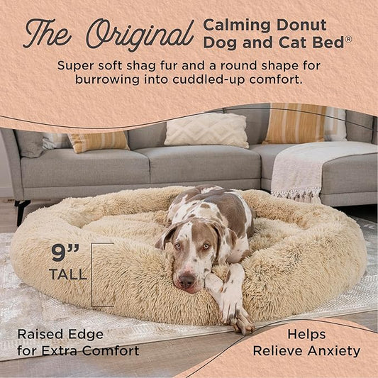 Best Friends by Sheri Original Calming Donut Dog and Cat Bed, Shag Faux Fur,Taupe, XXL (54in x 54in) - Anxiety Relief for Pets Up to 210 lbs