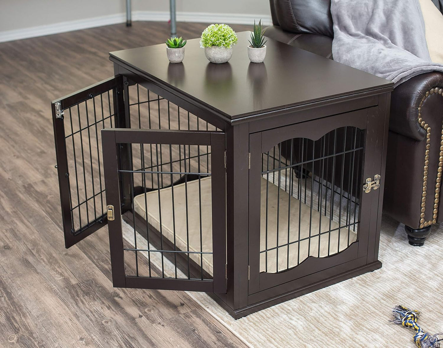 INTERNET'S BEST Decorative Dog Kennel with Pet Bed, Small Pet House, Double Door Indoor Crate, Engineered Wood & Wire Furniture, Side Table & Nightstand, Fits Small Dogs - Espresso
