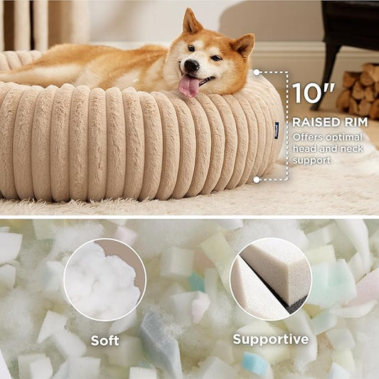 Bedsure Donut Large Dog Bed - Washable Faux Fur with Corduroy Fleece & Anti Slip Bottom, Round Pet Bed with Removable Cover, Sandy Tan, 36x36x10 inches