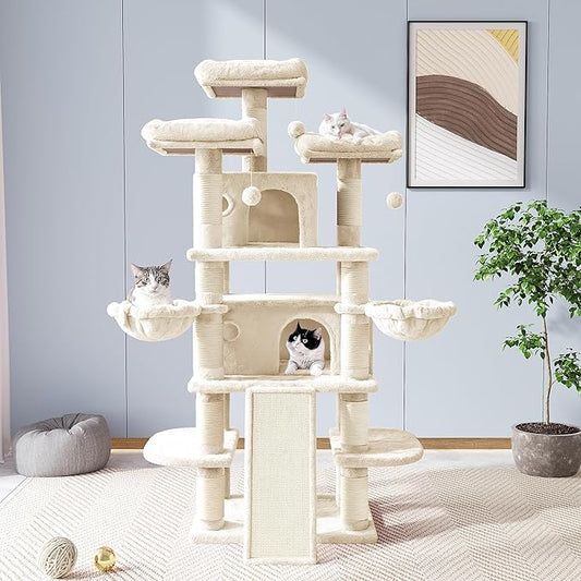 Allewie 68 Inches Cat Tree/House and Towers for Big Feline/Scratching Post/Multi-Level Large Kitty Climbing Tree with Condo/Beige
