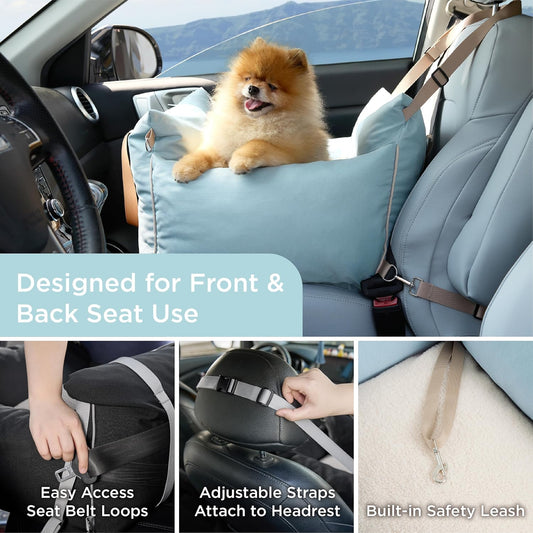 Lesure Small Dog Car Seat for Small Dogs - Soft Dog Booster Seat for Car with Storage Pocket and Clip-On Safety Leash and Thickened Memory Foam Filling, Pet Travel Carrier Bed, Light Blue