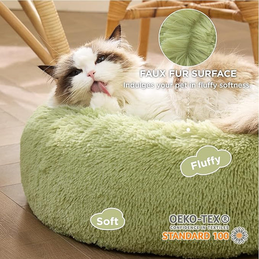 Bedsure Calming Cat Beds for Indoor Cats - Small Cat Bed Washable 20 inches, Anti-Slip Round Fluffy Plush Faux Fur Pet Bed, Fits up to 15 lbs Pets, Green