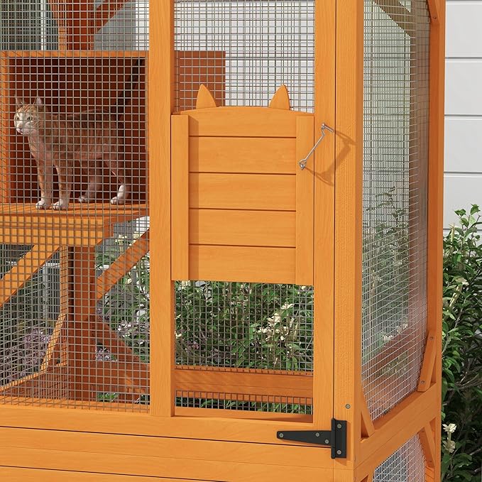 PawHut Wooden Catio with Waterproof Roof, Large Cat House with High-Up Resting Box, Indoor & Outdoor Cat Enclosure with Wheels, for 1-3 Cats, Orange