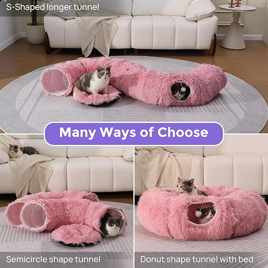 Plush Cat Tunnel Bed for Indoor Cats with Soft Cushion, Multi-Shape Play Cave with Hanging Balls, Large and Foldable Cat Donut Tunnel for Small and Large Pets (Pink)