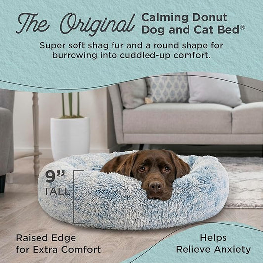 Best Friends by Sheri Original Calming Donut Dog and Cat Bed, Shag Faux Fur, Denim Blue, (36in x 36in) - Anxiety Relief for Pets Up to 100 lbs