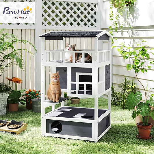 PawHut Wooden Outdoor Cat House, Feral Cat Shelter Kitten Condo with Asphalt Roof, Escape Doors, Condo, Jumping Platform, Gray
