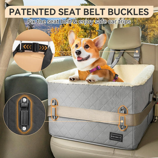 PETSFIT Small Dog Car Seat, Soft Foam Dog Booster Car Seat with Patented Safety Buckles, Storage Pockets and Detachable Clip-On Safety Leash, Dog Car Seat for Medium Dogs 30 LBS (Grey)