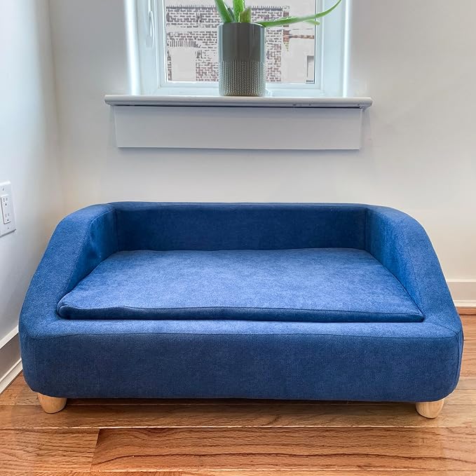 CRITTER SITTERS 36-in. Microfiber Blue Rectangular Dog Couch for Medium-Sized Dogs, Modern and Stylish Elevated Dog Bed for Home or Apartment, Blue