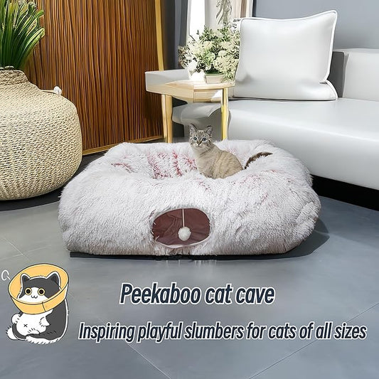 XxingSheep Extra Large Cat Tunnel Bed for Indoor Cats Peekaboo Cat Cave Donut with Center Mat,Pinkish White