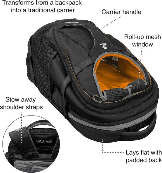Kurgo G-Train - Dog Carrier Backpack for Small Pets - Cat & Dog Backpack for Hiking, Camping or Travel - Chest Straps & Hip Belt - Reflective - Two Water Bottle Sleeves - Waterproof Bottom (Black)