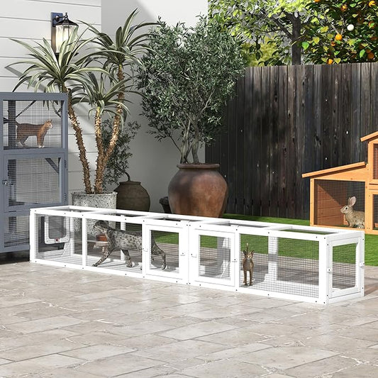 PawHut Cat Tunnel - Outdoor Wooden Tube with Combinable Design, 8 Doors, 98" Cat Toys for Kitty, Puppy, Pet, House, Window, Cage, White