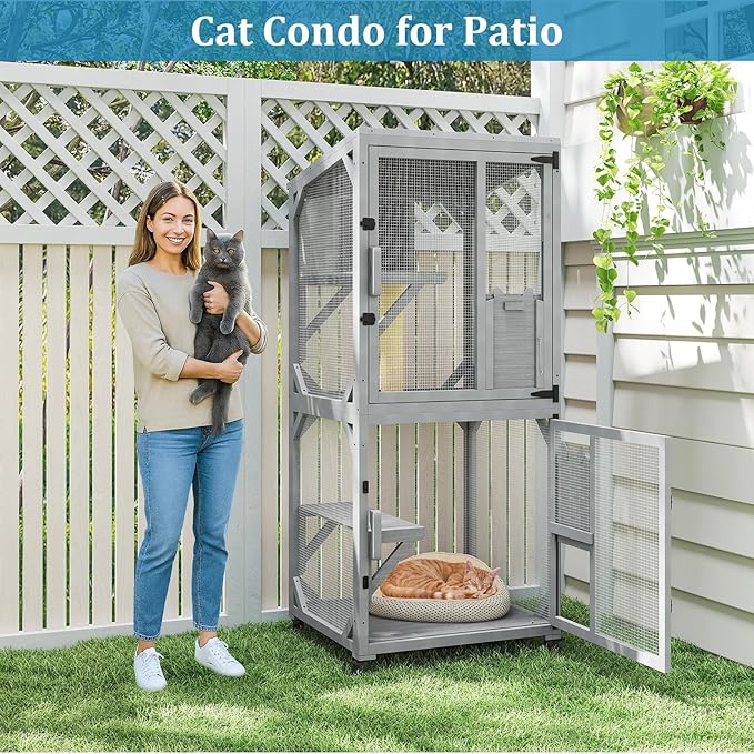 Catio Outdoor Cat Enclosure, Cat Patio Enclosure with 3 Platforms, Cat Condo Outdoor, Wooden Movable Cats Cage with 4 Wheels, Large Outdoor Cats House