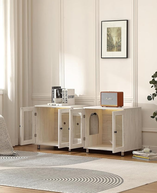 Double Cat Litter Box Enclosure for 2 Cats,Modern Double Litter Box Furniture with 7 Colors LED and Built-in Power Outlet,Large Cozy Cat Home,4 Glass Doors for Better Viewing, (White)