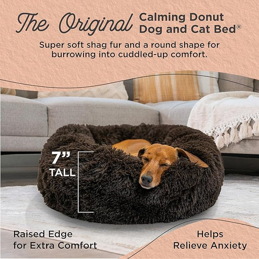 Best Friends by Sheri Original Calming Donut Dog and Cat Bed, Shag Faux Fur, Dark Brown, (23in x 23in) - Anxiety Relief for Pets Up to 25 lbs