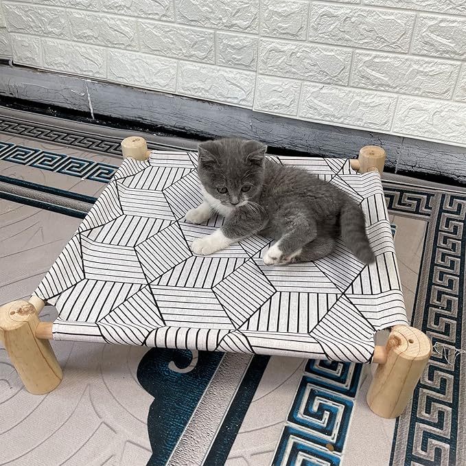 Pozico Cat/Dog Bed Hammock - Wooden Raised Indoor/Outdoor Beds - Breathable Mesh for Small Animals - White Diamond