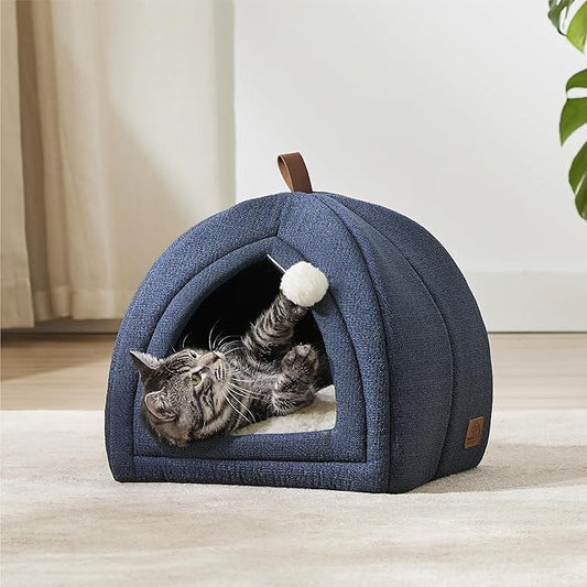 Bedsure Cat Beds for Indoor - 2 in 1 Cat Cave House Tent for Kittens and Small Pets with Removable Washable Cushioned Pillow, Foldable Kitten Hideaway with Non-Slip Bottom, Navy, 16 inches