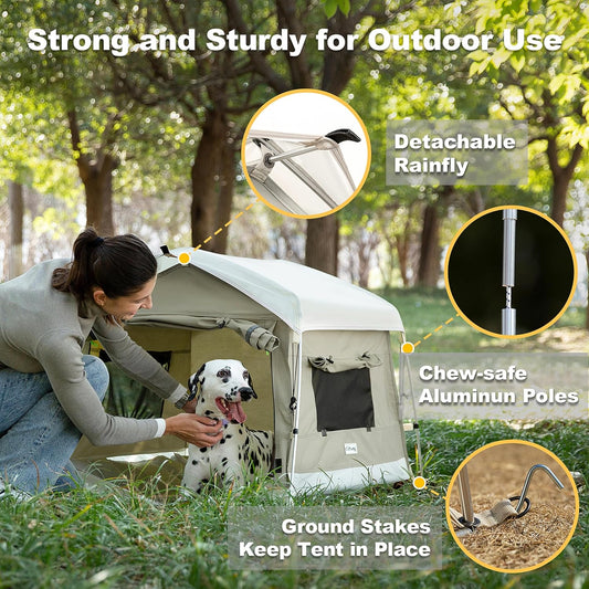 Dog Tent Cotton Fabric, Aluminum Poles and Camping Mat, Outdoor Weatherproof, Dog House Outdoor, Breathable with 2 Side Windows, Portable and Collapsible (Gray, Large)